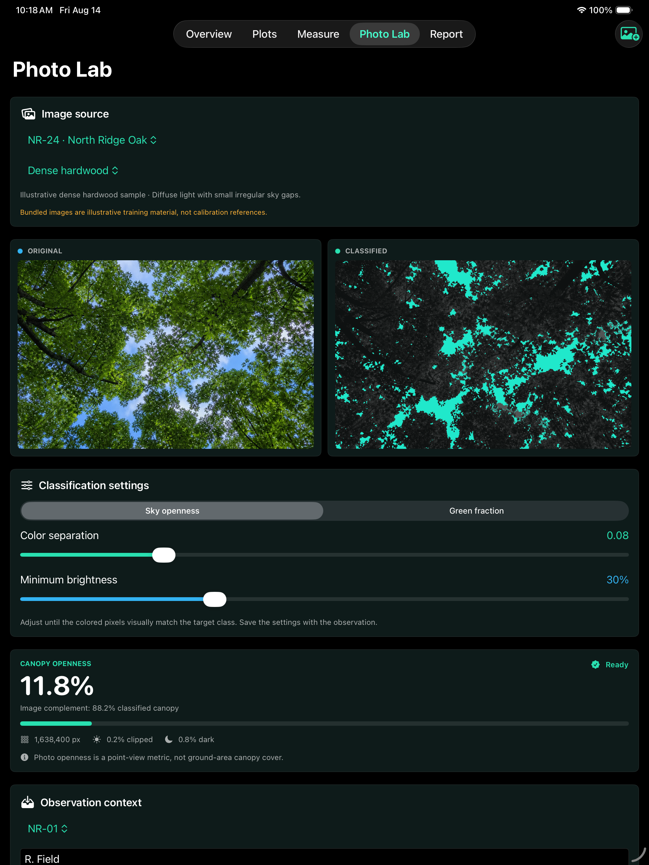 Canopyplot Photo Lab showing an original canopy image beside its classified mask, threshold settings, and quality checks
